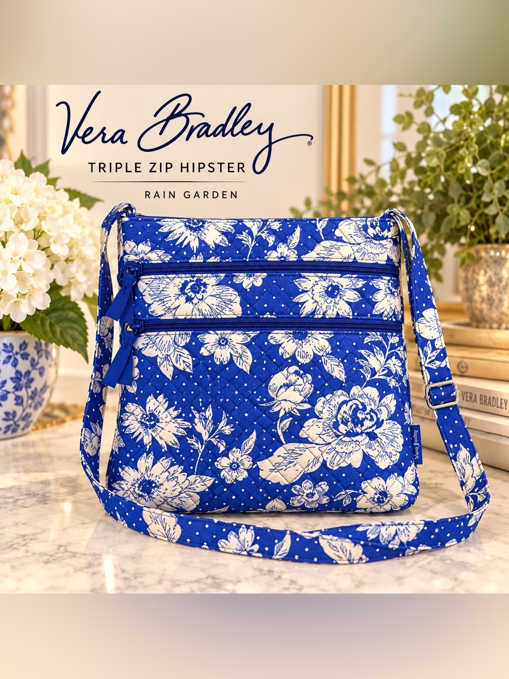 Vera Bradley Rain Garden Triple Zip Hipster Crossbody Bag